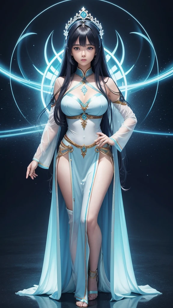 8K、Ultra HD、anime、(A very beautiful female character with beautiful features)、((Beautiful clear blue eyes))、((The whole body faces forward))、Beautiful long hair、Messy bangs、(Beautiful and well-proportioned depiction of the whole body)、(Beautiful depiction of limbs)、(((Beautiful long thin fingers)))、(((Prayer Pose)))、((Wearing a pale blue glowing outfit))、((Goddess Background))、(((I'm directing my gaze here)))、