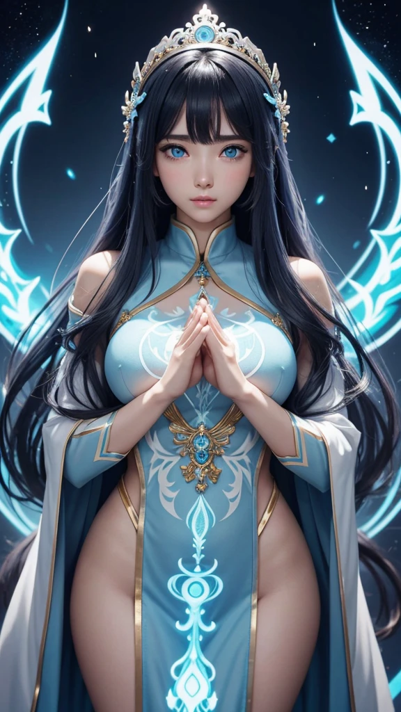 8K、Ultra HD、anime、(A very beautiful female character with beautiful features)、((Beautiful clear blue eyes))、((The whole body faces forward))、Beautiful long hair、Messy bangs、(Beautiful and well-proportioned depiction of the whole body)、(Beautiful depiction of limbs)、(((Beautiful long thin fingers)))、(((Prayer Pose)))、((Wearing a pale blue glowing outfit))、((Goddess Background))、(((I'm directing my gaze here)))、