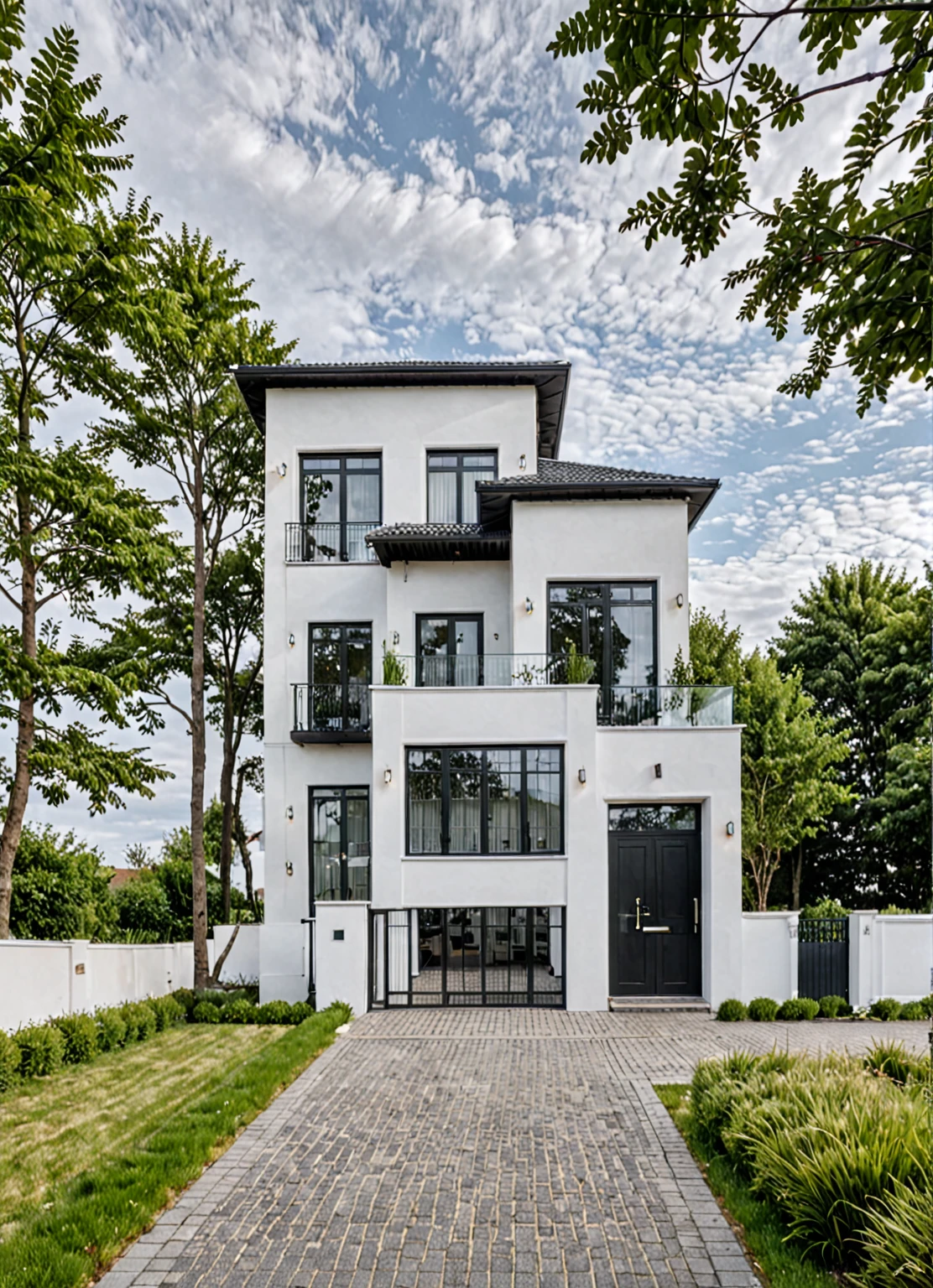 Raw photo,Masterpiece, high quality, best quality, authentic, super detail,
outdoors, house style modern,bietthuhn, white wall, glass windows, gate
road,pavement, grass, trees, sky, cloud, (day:1.1),
