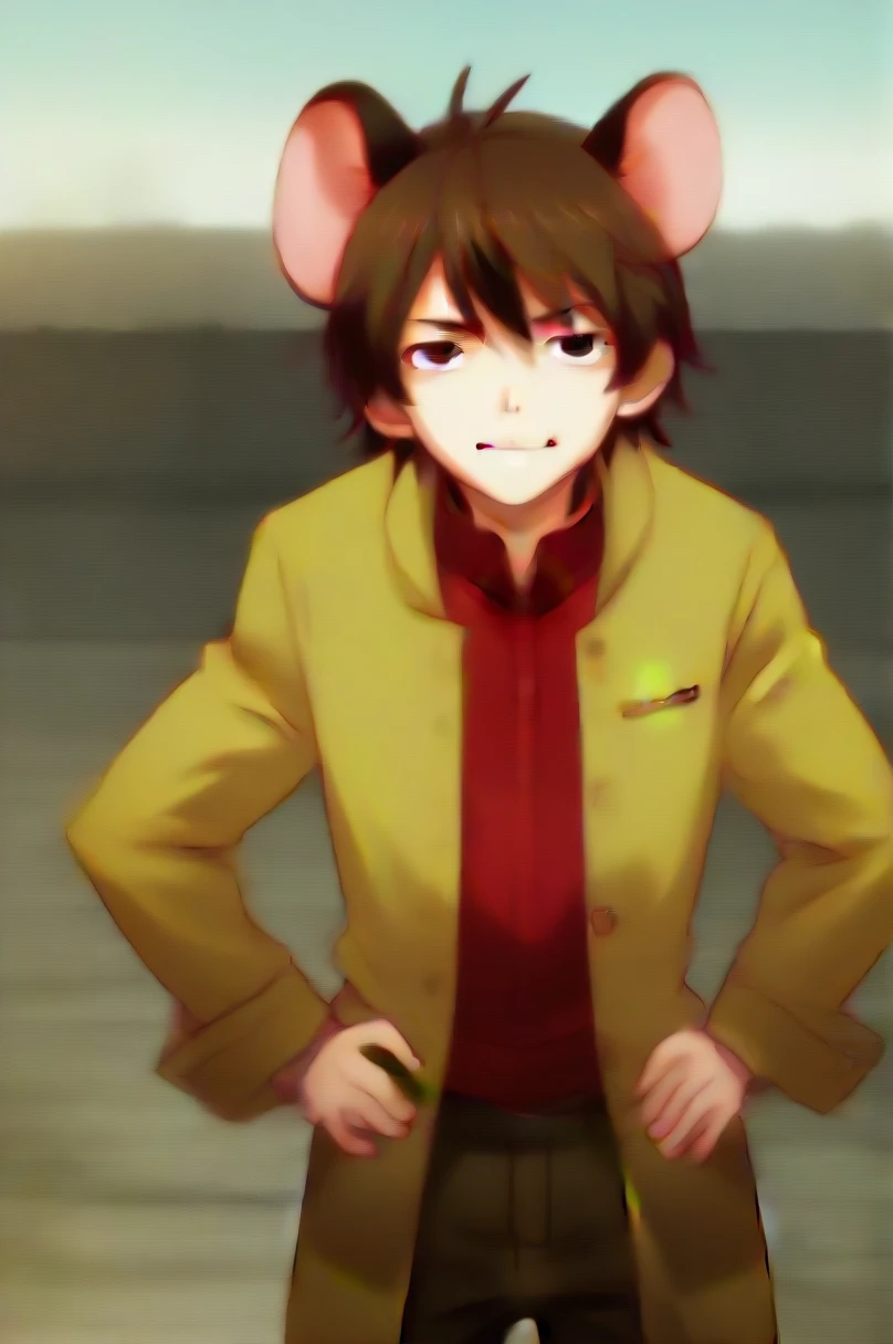 anime illustration, high quality, 4k, masterpiece, 1boy, solo, kemonomimi, Mouse boy, mouse ears, mouse tail, chin length brown hair, brown eyes, young, short, hands on hips, 1840s era clothing, tattered clothing, Frock coat, red cravat, smug, fair skinned, looking up at viewer, outdoors background