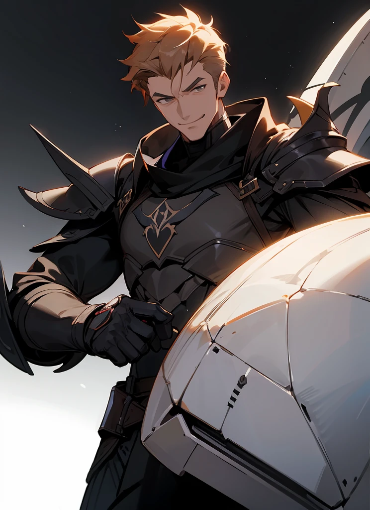 1 , handsome fashion hair,bronze hair highlightwhite, fanstasy, smile face, male ,fantasy, reaper, hunter with blackshortsword, villian face, black armor , darkness wolrd, bad
