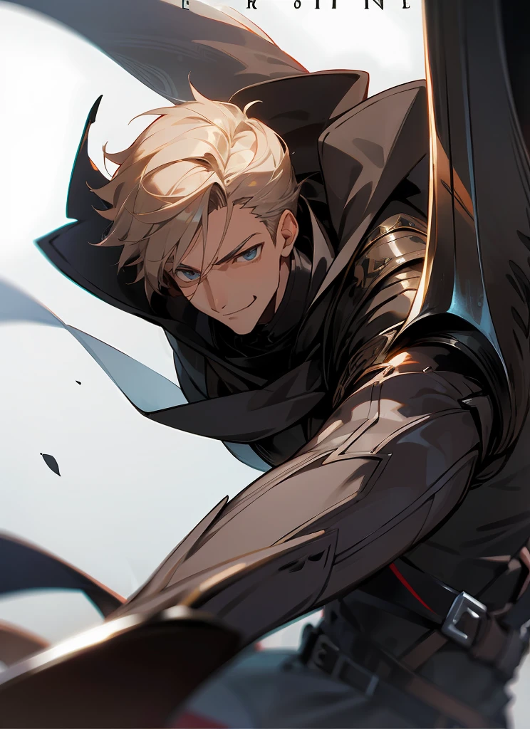 1 , handsome fashion hair,bronze hair highlightwhite, fanstasy, smile face, male ,fantasy, reaper, hunter with blackshortsword, villian face, black armor , darkness wolrd, bad