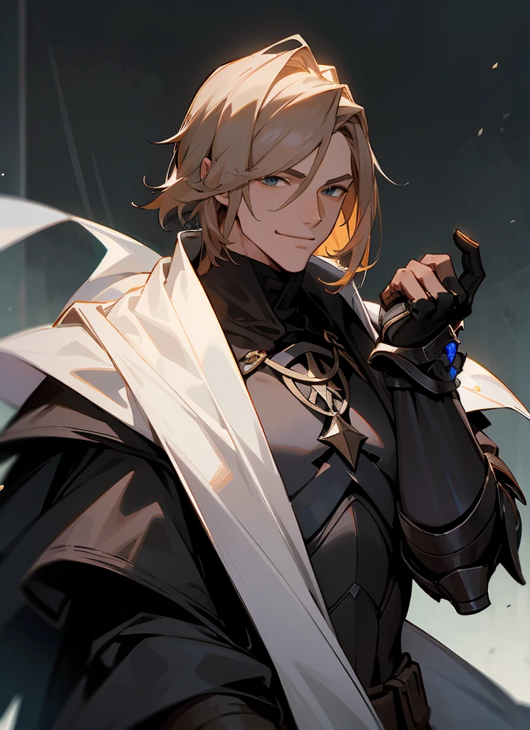 1 , handsome fashion hair,bronze hair highlightwhite, fanstasy, smile face, male ,fantasy, reaper, hunter with blackshortsword, villian face, black armor , darkness wolrd, bad