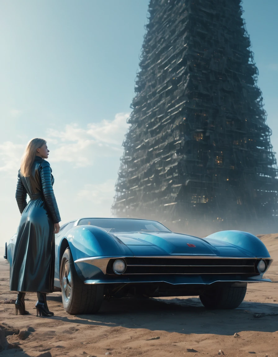 an old car in tarkovsky greatest scene,  Destroy the majestic Tower of Babylon, Woman in futuristic cyber costume, Transparent down jacket, Surrealism, Blockchain, Internet, Ambient Lighting, Concept Art, complex, Ultra Detailed, tarkovsky greatest scene, Smooth, Dynamic volumetric lighting, octane, Ray Tracing, Movie, high quality, high resolution, 4K, CG Society