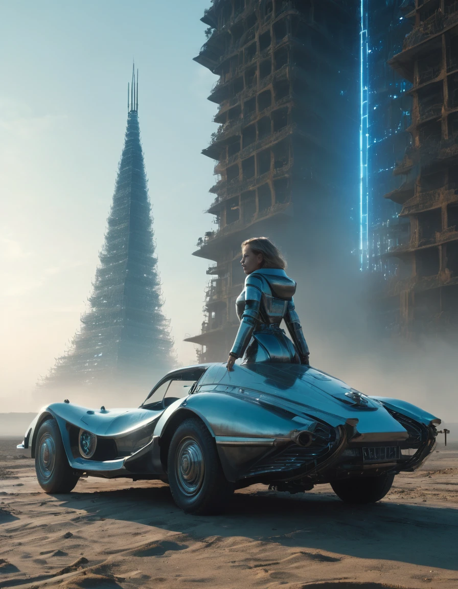 an old car in tarkovsky greatest scene, Destroy the majestic Tower of Babylon, Woman in futuristic cyber costume, Transparent down jacket, Surrealism, Blockchain, Internet, Ambient Lighting, Concept Art, complex, Ultra Detailed, tarkovsky greatest scene, Smooth, Dynamic volumetric lighting, octane, Ray Tracing, Movie, high quality, high resolution, 4K, CG Society