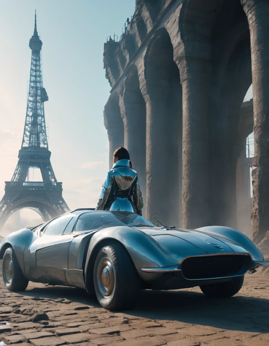 an old car in tarkovsky greatest scene, Destroy the majestic Tower of Babylon, Woman in futuristic cyber costume, Transparent down jacket, Surrealism, Blockchain, Internet, Ambient Lighting, Concept Art, complex, Ultra Detailed, tarkovsky greatest scene, Smooth, Dynamic volumetric lighting, octane, Ray Tracing, Movie, high quality, high resolution, 4K, CG Society