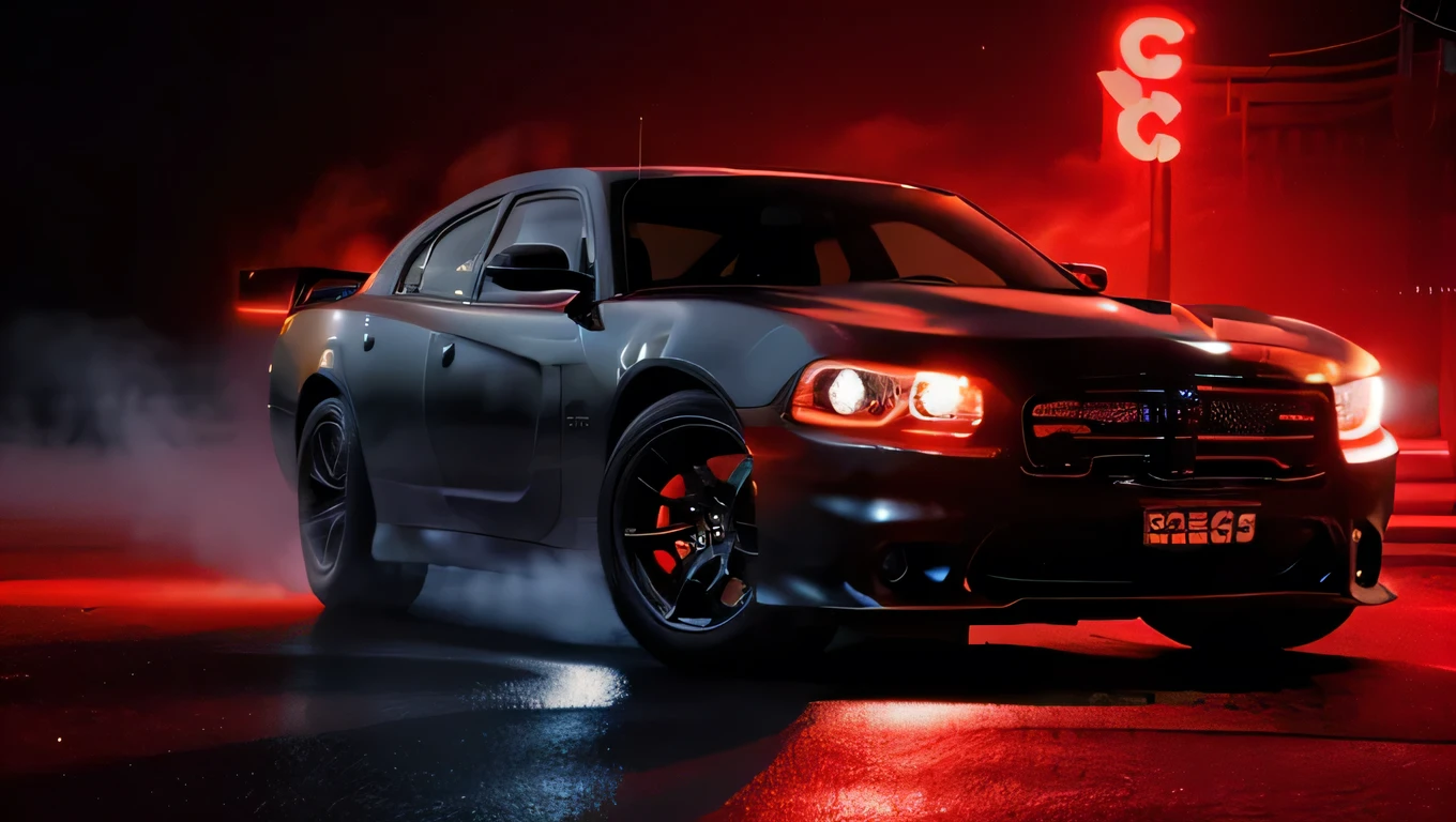 a black dodge charger srt-8 in a city at night, 4k, ultra-detailed, hyper realistic, dramatic lighting, neon lights, fog, moody atmosphere, cinematic, glowing headlights, reflective surfaces, dynamic pose, high contrast, atmospheric, volumetric lighting