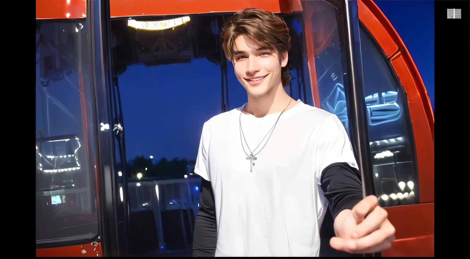 a man wearing a white t-shirt outside and black cuffs inside was inviting someone to come with him on something like a Ferris wheel. he is very handsome with light brown hair and tawny eyes. He was tall and gave a sweet smile. he wears a necklace