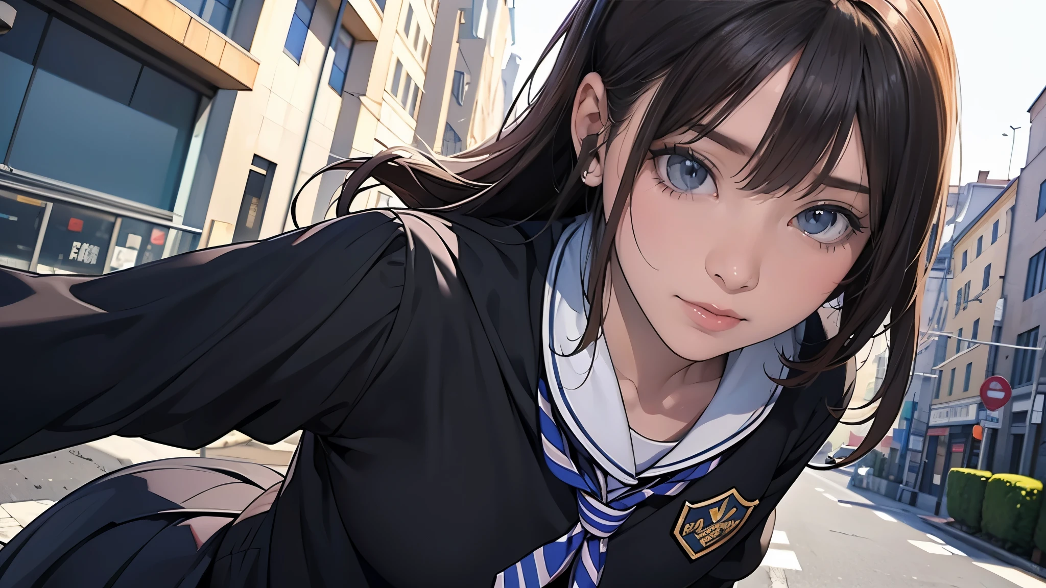 Ultra HD、super high quality、masterpiece、detailed、8K、The location is on a quiet city street、Schoolgirl1Person listening to music on headphones、15-year-old high school girl、そのロシア人で髪の毛は黒色のロング、Has blue eyes、Has a glamorous figure、The clothes she's wearing are one-piece dresses.、Pretty sexy、Lo-Fi images,The background is blurred、Nostalgic and relaxing atmosphere、At dusk、Afternoon sun