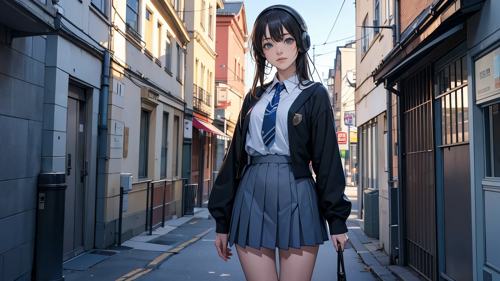Ultra HD、super high quality、masterpiece、detailed、8K、The location is on a quiet city street、Schoolgirl１Person listening to music on headphones、15-year-old high school girl、そのロシア人で髪の毛は黒色のロング、Has blue eyes、Has a glamorous figure、The clothes she&#39;s wearing are one-piece dresses.、Pretty sexy、Lo-Fi images,The background is blurred、Nostalgic and relaxing atmosphere、At dusk、Afternoon sun