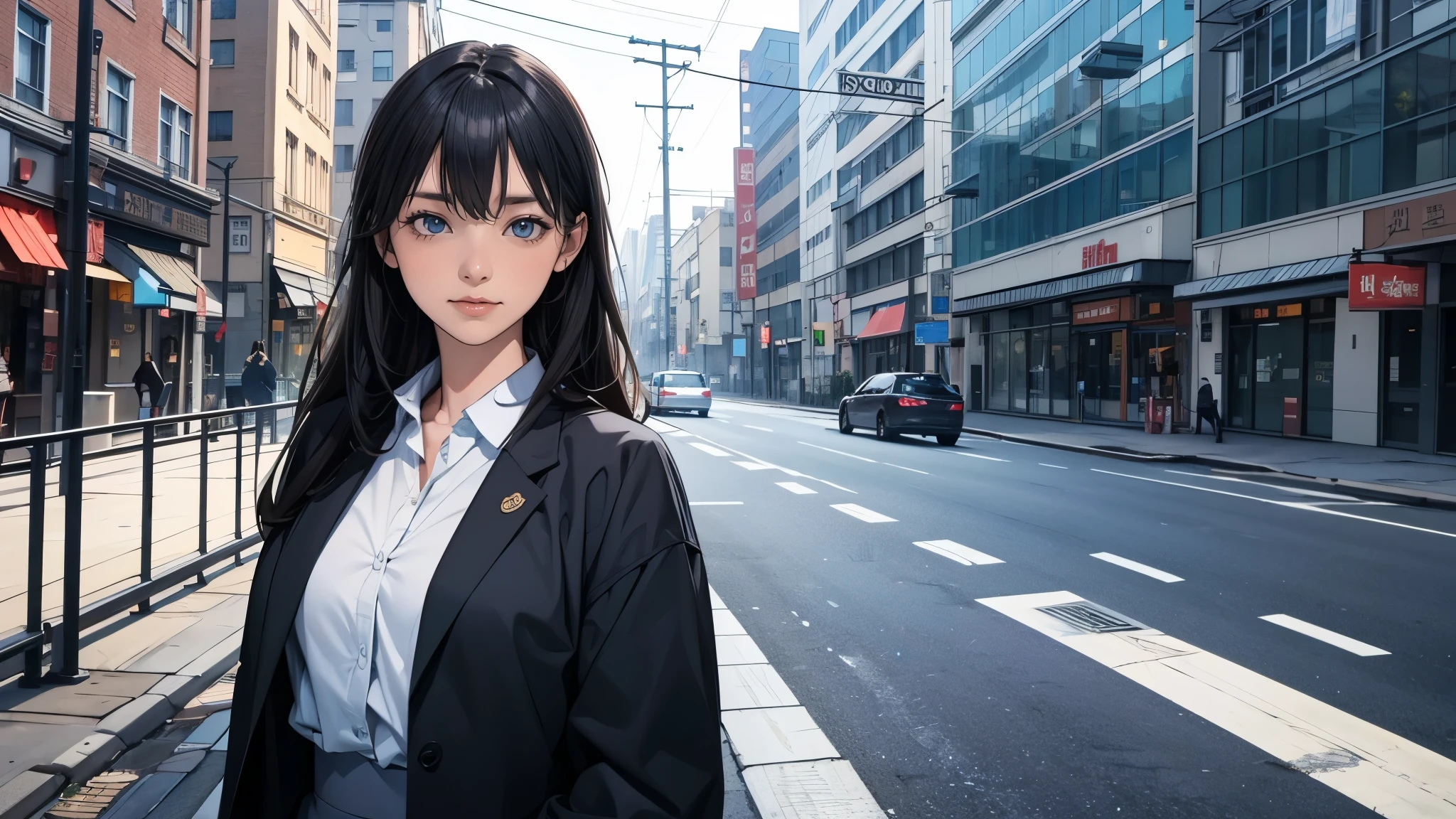 Ultra HD、super high quality、masterpiece、detailed、8K、The location is on a quiet city street、Schoolgirl１Person listening to music on headphones、15-year-old high school girl、そのロシア人で髪の毛は黒色のロング、Has blue eyes、Has a glamorous figure、The clothes she&#39;s wearing are one-piece dresses.、Pretty sexy、Lo-Fi images,The background is blurred、Nostalgic and relaxing atmosphere、At dusk、Afternoon sun