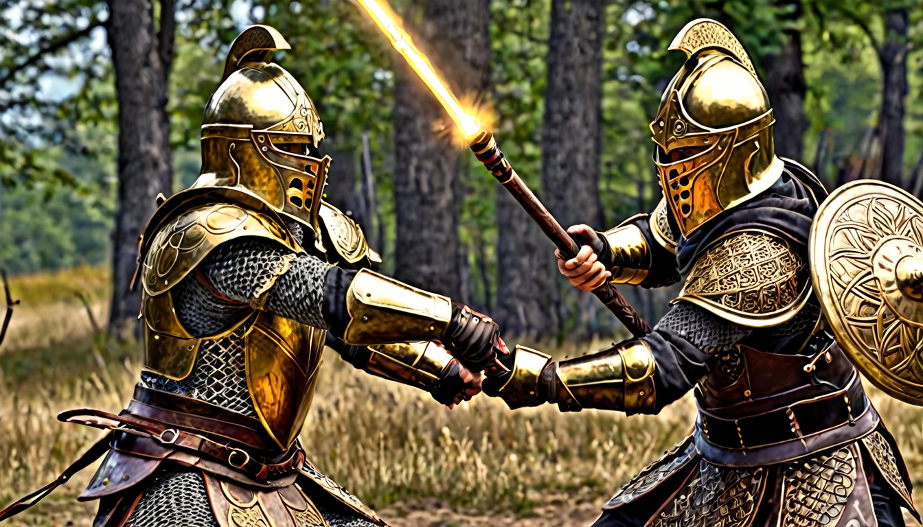 Model DreamShaper, CeltPunkAI ,Two men dressed in brass armor ! fighting each other ! A man is seen striking with a magic staff! another man , Another man is seen hitting with a mace ! Front light , ((tmasterpiece)), ((beste-Qualit)) , higly detailed,, highest detail, ah high_Detail, coloration, beutiful, HDR, Photorealistic,