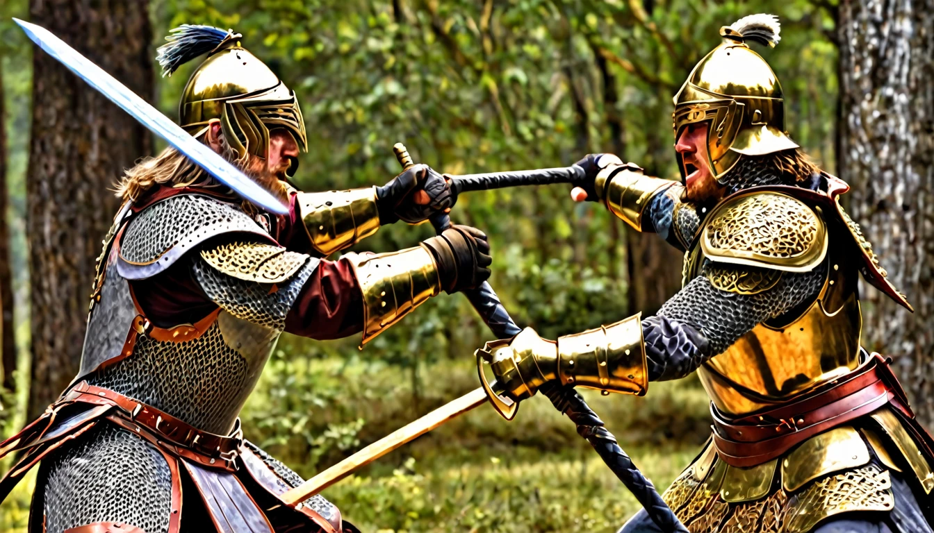 Model DreamShaper, CeltPunkAI ,Two men dressed in brass armor ! fighting each other ! A man is seen striking with a magic staff! another man , Another man is seen hitting with a mace ! Front light , ((tmasterpiece)), ((beste-Qualit)) , higly detailed,, highest detail, ah high_Detail, coloration, beutiful, HDR, Photorealistic,