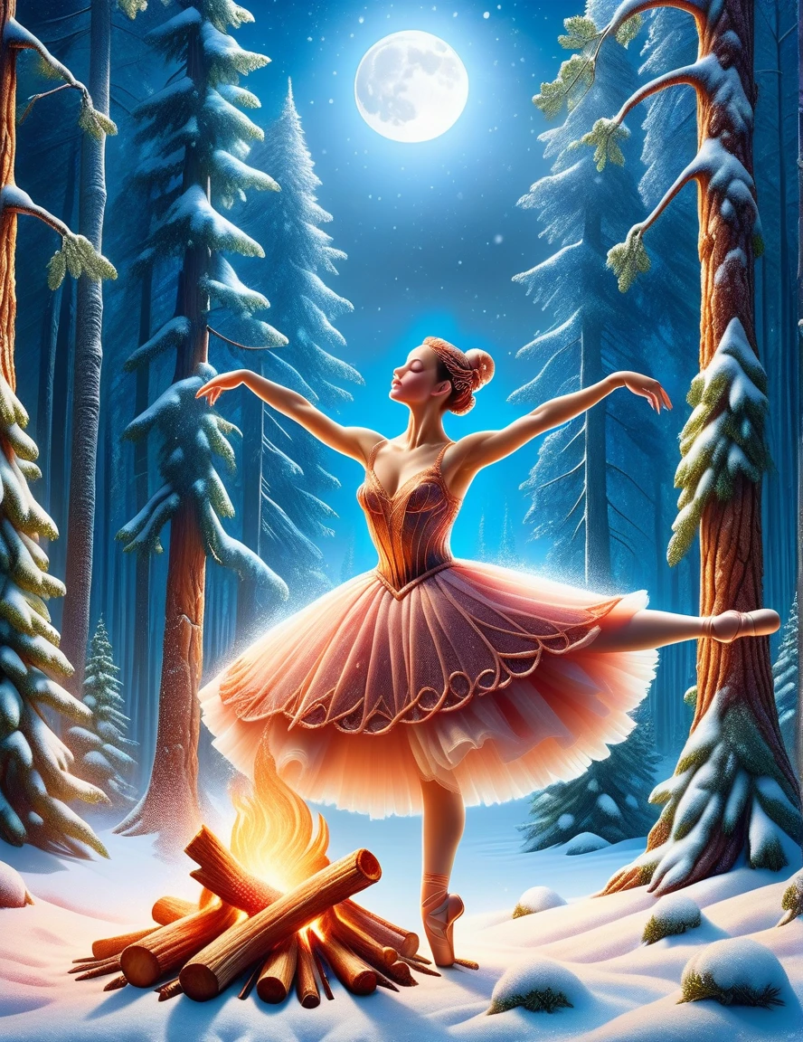 detailed dynamic shot of a beautiful ballerina, Campfire Dancing, snow, Forest background, mystical clearing, Moonlight