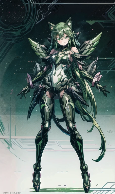 anime figure, figma,(detailed eyes))
1girl,((cat ears)),cat tail, ((long straight green hair:1.3)),big expressive neon green eyes,,expressive eyes,(((smile,blush wink))),(((full body:1.4))), ((mechanical full body suite, mecha)), feather robot wings,black kitten, cute, dynamic flirty pose, missiles on arms and shoulders, partial metal mask,standing on one leg looking at viewer ,shoulder trun to the viewer,black kitten sitting next to her, cute,flirty pose,AD ,decales,web AD
solo:1.5