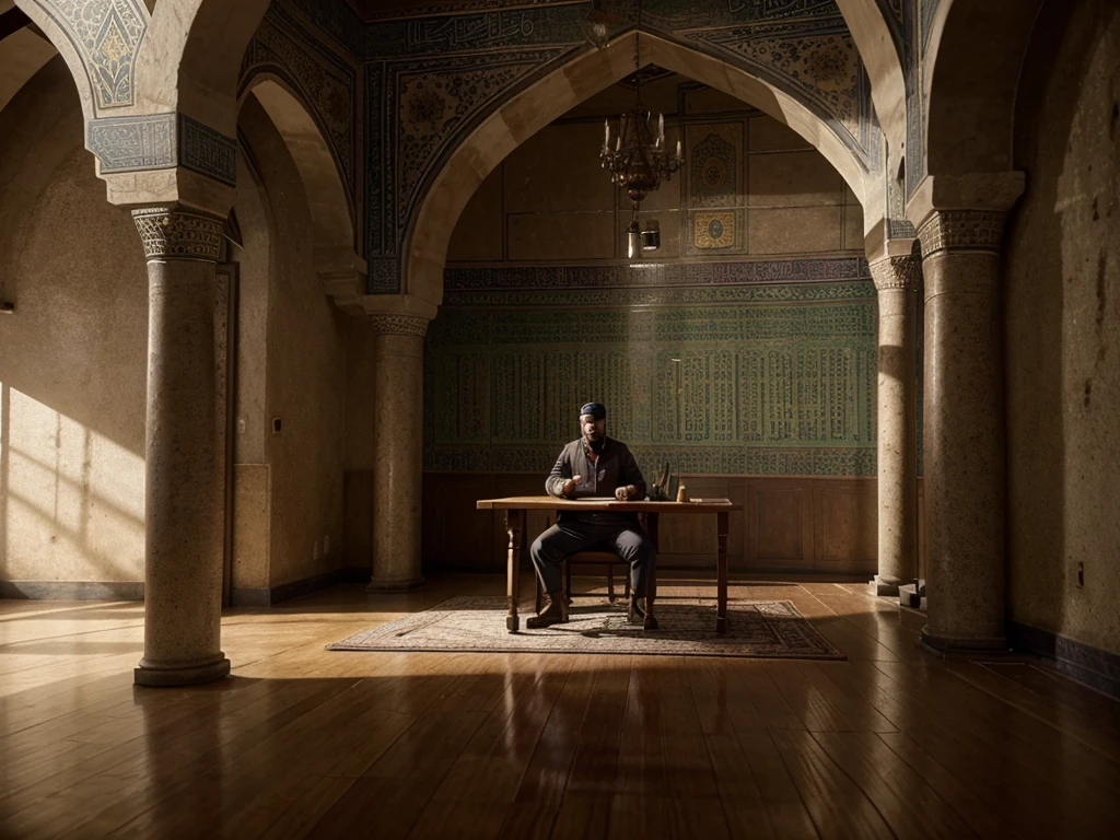 a table that has a bunch of books on it, a detailed matte painting, by Youssef Howayek, teaser trailer footage, he is in a mosque, old kitchen backdrop, 2020 video game screenshot
