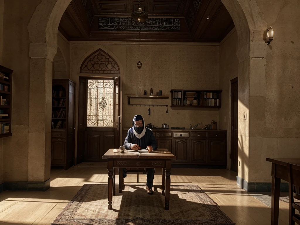 a table that has a bunch of books on it, a detailed matte painting, by Youssef Howayek, teaser trailer footage, he is in a mosque, old kitchen backdrop, 2020 video game screenshot