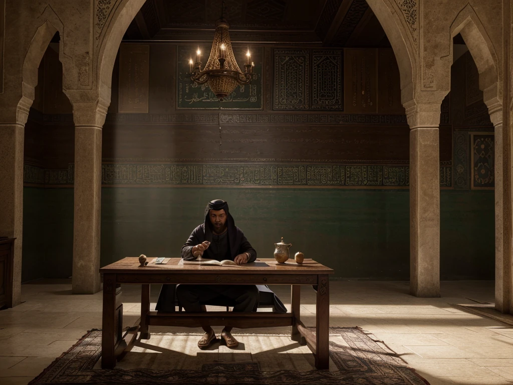 a table that has a bunch of books on it, a detailed matte painting, by Youssef Howayek, teaser trailer footage, he is in a mosque, old kitchen backdrop, 2020 video game screenshot