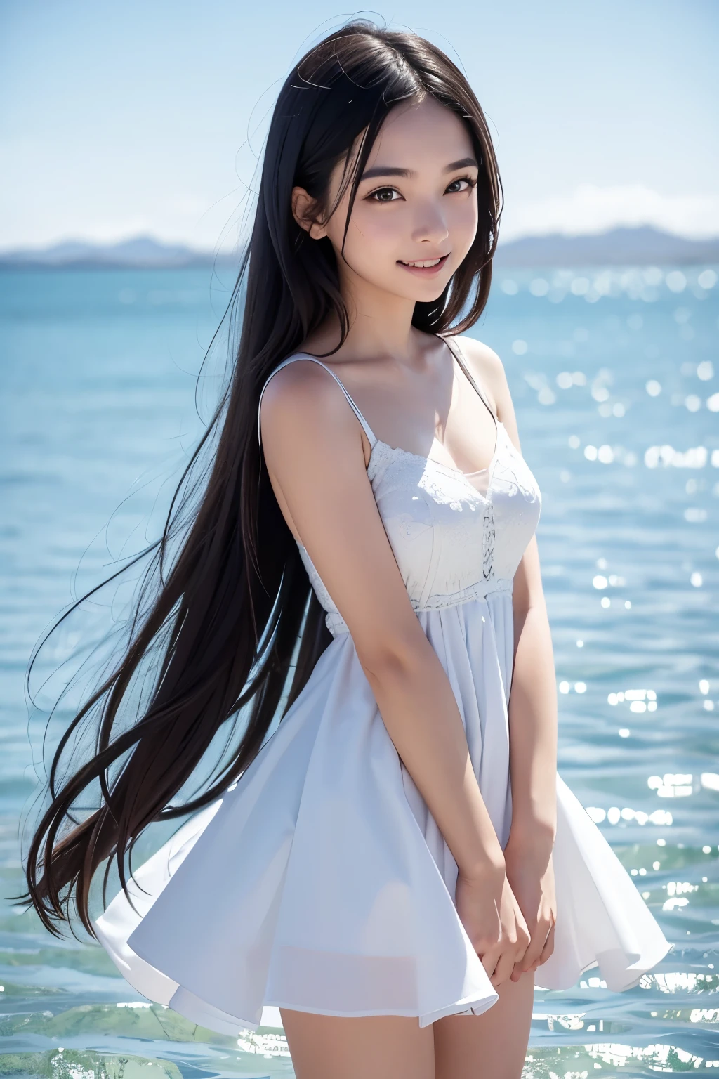 Girl looking into the distance, place like Salar de Uyuni, beautiful sky, water surface reflecting the girl, mirrored surface, white dress, black hair, long hair, big eyes, well-defined face, happy full smile, smile so big it opens her mouth, both hands grasping hem of dress, highest quality, high definition masterpiece, highest quality, super detailed, super detailed, 4K, 8K, (beautiful detailed eyes, super detailed skin)), distant camera angle