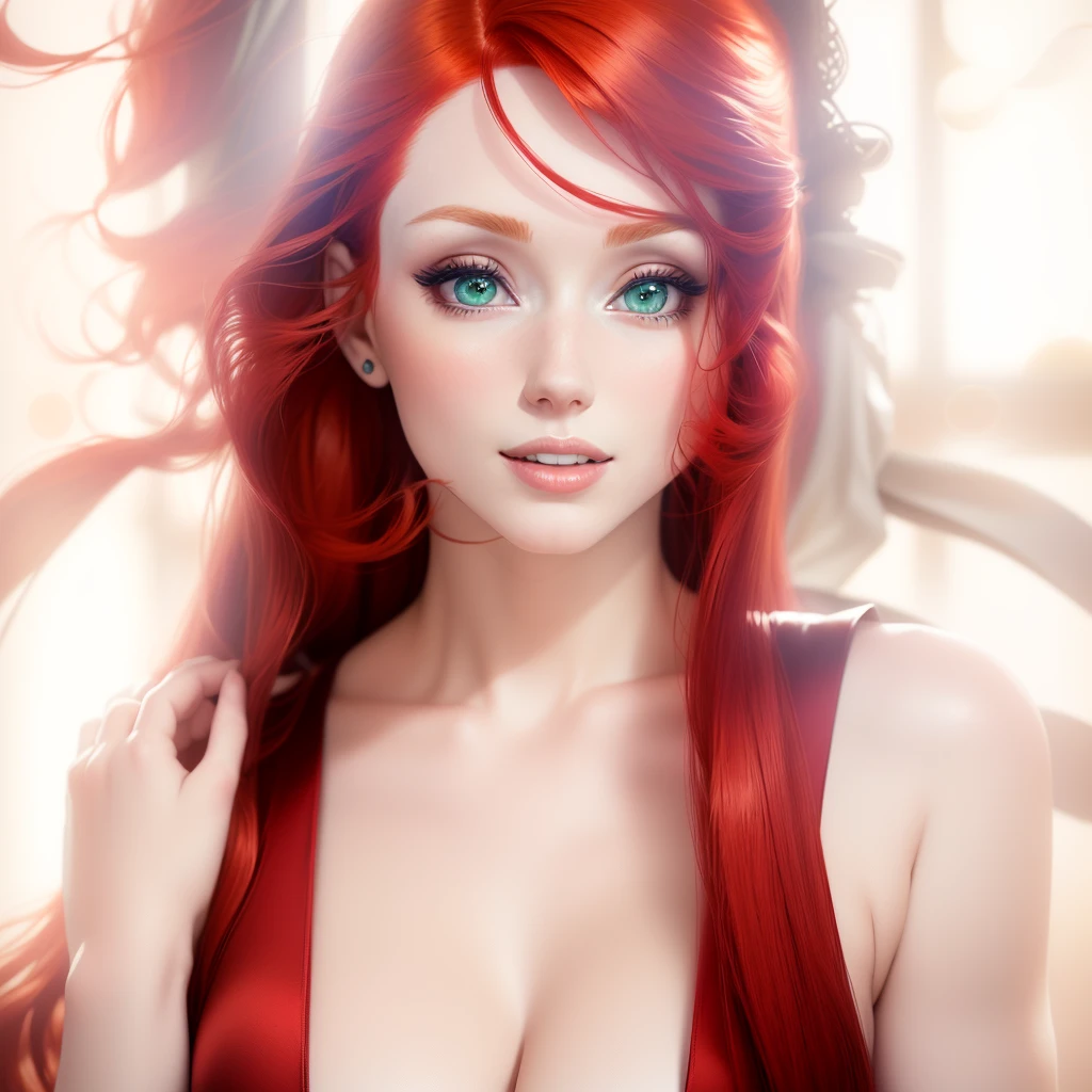 there is a woman with red hair and blue eyes posing for a picture, amouranth, better known as amouranth, young beautiful amouranth, redhead girl, with pale skin, red head, smooth red skin, with red hair and green eyes, very very realistic, very very very realistic, brilliantly colored, very realistic looking, very realistic