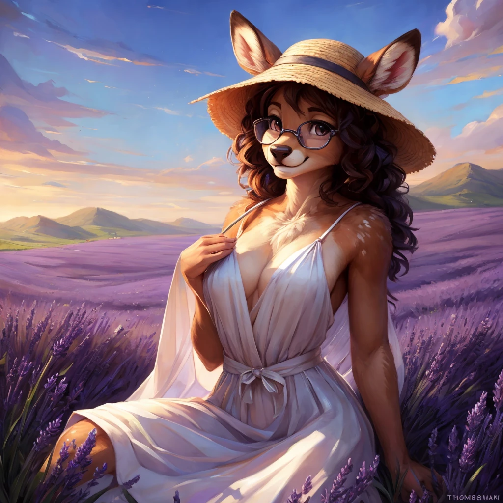 uploaded on e621, by Pixelsketcher, by Bayard Wu, by Thomas Benjamin Kennington , by Einshelm, by hioshiru and kenket, Chunie, portrait, solo anthro female deer doe, with small featureless breasts, clear dark blue, cinematic lighting, day, sunny day, lavender field, stays in a lavender field, lavender field background, mediterranean background, horizon background, shiny, short curly dark brown hair, wears big black nerd glasses, very very beautiful furry art, furry art, smiling, joyful, shiny, happy, feminine, cute face, muzzle, fluffy chest, flawless face, Fallow deer, 1girl, Sakimichan is beautiful, Masterpiece, Wavethesallow Face, shiny, Detailed image, portrait, Detailed image, portrait, full body, wearing pure white and wide spaghetti straps dress, wearing big and wide beige summer straw hat, shiny, realistic face, perfect anatomy, hourglass body, (furry body:1.1), anthropomorphic deer, looks at the viewer, small fluffy tail, detailed background, (cute anatomy:1.1), stands in a lavender field
