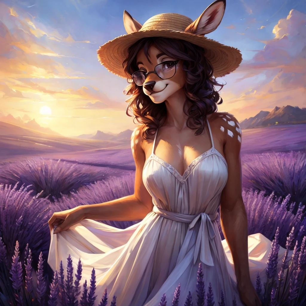 uploaded on e621, by Pixelsketcher, by Bayard Wu, by Thomas Benjamin Kennington , by Einshelm, by hioshiru and kenket, Chunie, portrait, solo anthro female deer doe, with small featureless breasts, clear dark blue, cinematic lighting, day, sunny day, lavender field, stays in a lavender field, lavender field background, mediterranean background, horizon background, shiny, short curly dark brown hair, wears big black nerd glasses, very very beautiful furry art, furry art, smiling, joyful, shiny, happy, feminine, cute face, muzzle, fluffy chest, flawless face, Fallow deer, 1girl, Sakimichan is beautiful, Masterpiece, Wavethesallow Face, shiny, Detailed image, portrait, Detailed image, portrait, full body, wearing pure white and wide spaghetti straps dress, wearing big and wide beige summer straw hat, shiny, realistic face, perfect anatomy, hourglass body, (furry body:1.1), anthropomorphic deer, looks at the viewer, small fluffy tail, detailed background, (cute anatomy:1.1), stands in a lavender field