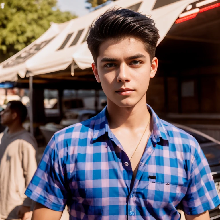 Aarav man, 25 years old, short black haircut, standing in the middle of the road., Hero Moves, standing next to car, Nissan 350z middle shot, The promotion is still on., The promotion is still on., Zach Retz, Shot with canon eos r5, Shot with canon eos r5, moody movie lighting, Rafael Pernaz, Photo Editor, Alexander Rostov, Still from Riverdale, Portrait 8 k, cyberpunk noir, ultra realistic, neon, photography model, raw image, dsrl, neon signs, purple, light blue, red