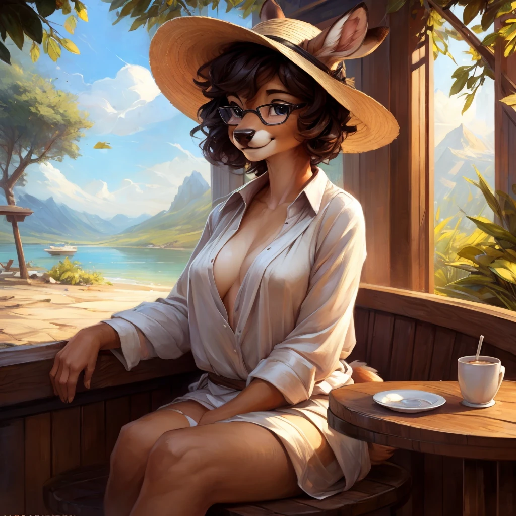 uploaded on e621, by Pixelsketcher, by Bayard Wu, by Thomas Benjamin Kennington , by Einshelm, by hioshiru and kenket, Chunie, portrait, solo anthro female deer doe, tiny featureless breasts, tiny breasts, clear dark blue, cinematic lighting, day, sunny day, sitting outside at a café, café background, french background, old french background, shiny, short curly dark brown hair, short hair, wears big black nerd glasses, very very beautiful furry art, furry art, thoughtful, shiny, feminine, cute face, muzzle, fluffy chest, flawless face, Fallow deer, 1girl, Sakimichan is beautiful, Masterpiece, Wavethesallow Face, shiny, Detailed image, portrait, Detailed image, portrait, wears pure white wide, big blouse, wears beige summer straw hat, shiny, realistic face, perfect anatomy, hourglass body, anthropomorphic deer, happy, very happy, small ears, huge black nerd glasses, wide happy eyes, look at viewer, smiles, big smile, holds with both hands a cup of coffee, hourglass body, (furry body:1.1), anthropomorphic deer, small fluffy tail, detailed background, (cute anatomy:1.1), looks into the distance
