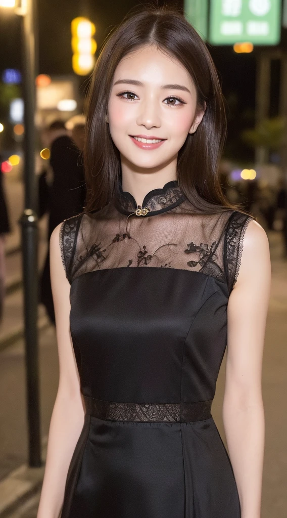 ((Top quality、8K、masterpiece、:1.3))、1 Girl、a smile、whole body、Thin face、Pretty Woman、(Dark brown hair)、qipao dress:1.1、Super detailed face、Delicate eyes、Double eyelids、Blurred background、Thin face、Night view、appearance、street、Raw,Back，walk，Raw,Back
