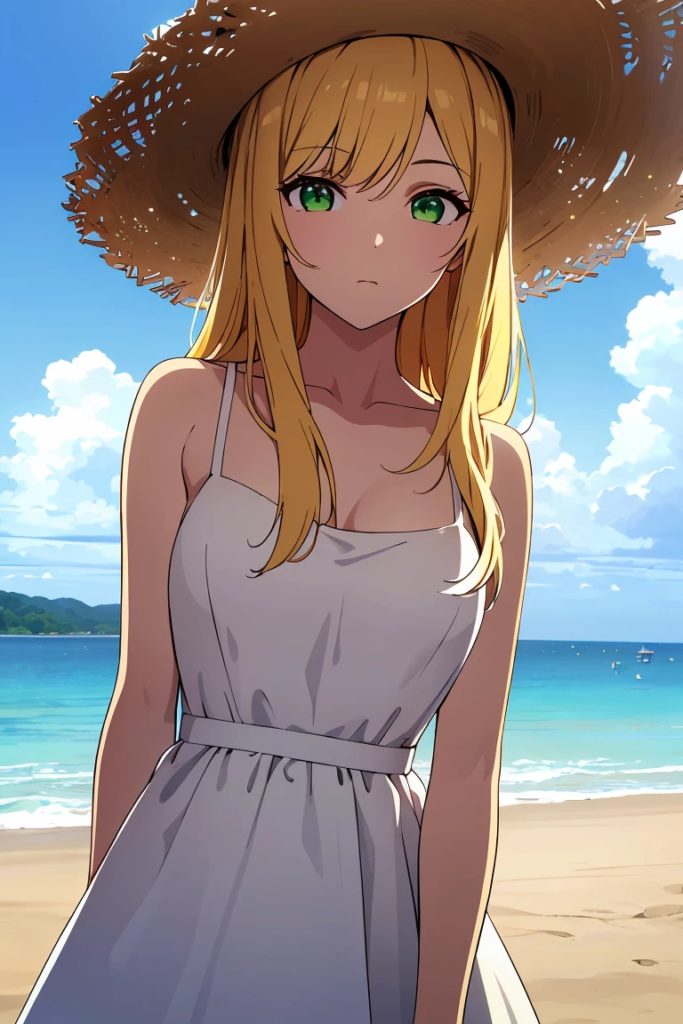 ((absurdres, highres, ultra detailed, high resolution, masterpiece, best quality, very fine 8KCG wallpapers)), 1 girl, solo, medium breasts, (shiny skin:1.2), outdoors, curious face, white straw hat, white dress, upper body, green eyes, blonde hair, long hair, medeum breasts, looking at viewer, day, layered style, beach,