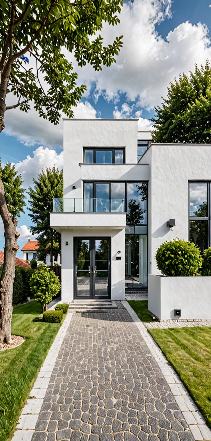 Raw photo,Masterpiece, high quality, best quality, authentic, super detail,
outdoors, house style modern,bietthuhn, white wall, glass windows, gate
road,pavement, grass, trees, sky, cloud, (day:1.1),