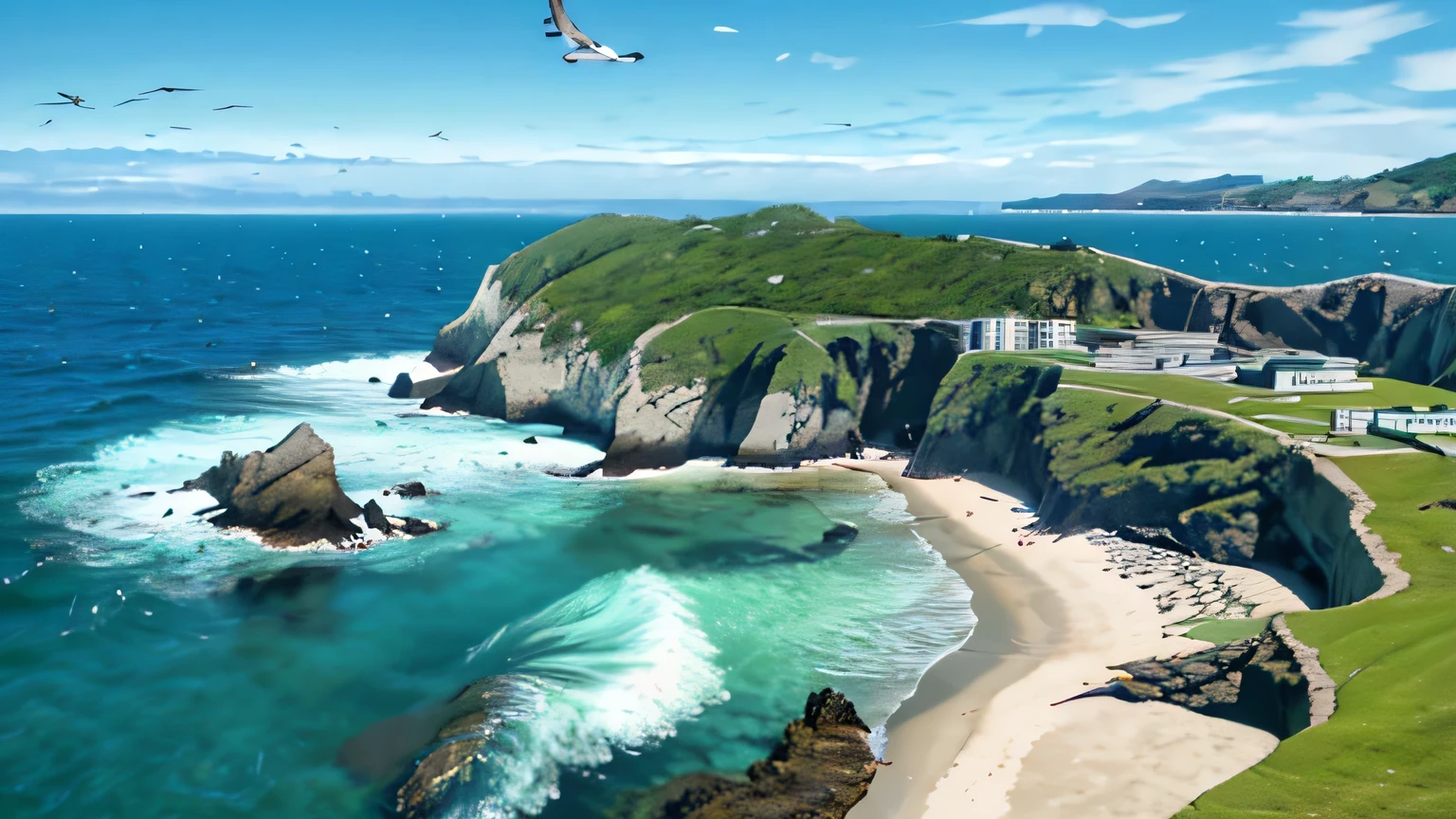 realistic seascape, a beautiful coastal scene with waves crashing against rocks, seagulls flying overhead, warm sunlight, vibrant blue and green colors, detailed textures, (best quality, 4k, 8k, high resolution,