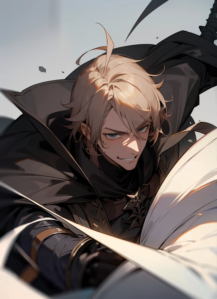 1 , handsome fashion hair,bronze hair highlightwhite, fanstasy, smile face, male ,fantasy, reaper, hunter with blackshortsword, villian face, black armor , darkness wolrd, bad