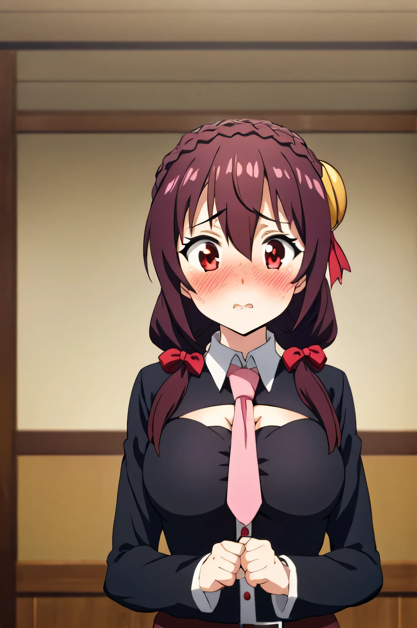 (masterpiece, Highest quality), One girl, Yunyun,Long Hair,Braiding,Twin tails,Hair between the eyes,Red hair ribbon,hair ornaments,large round breasts,、Pink Skirt、Black Hair、Crown Blade,Black Shirt, Long sleeve,Pink tie, belt, Cleavage cutout、Above the upper body、(blush:1.ung face、indoor、(Kiss the viewer)、A stunned look、Red Eyes、The girl is looking slightly upwards