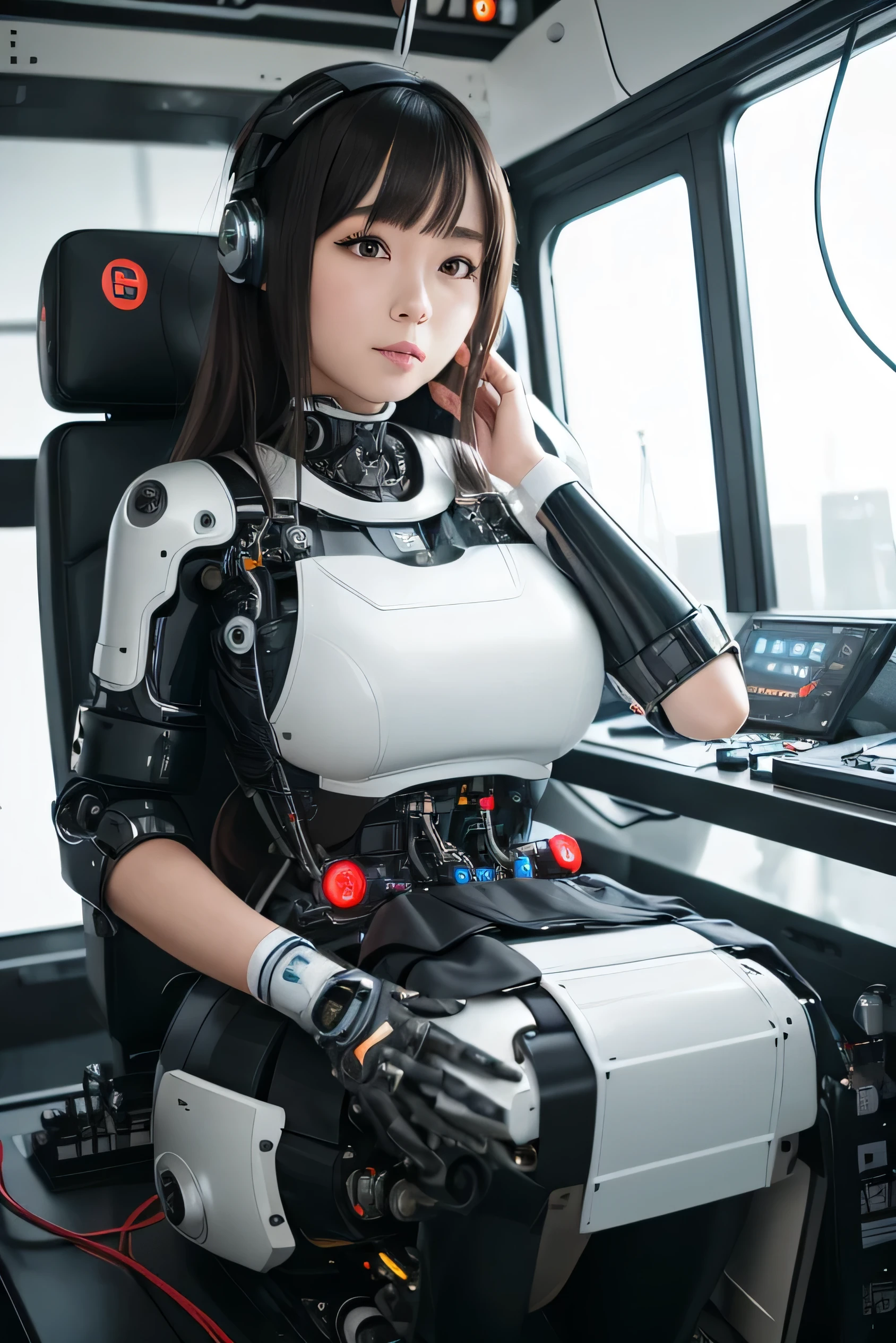 masterpiece, best quality, extremely detailed, Japaese android girl,Plump , control panels,android,Droid,Mechanical Hand, Robot arms and legs,Blunt bangs,perfect robot girl,long tube,thick cable connected her neck,android,robot,humanoid,cyborg,japanese cyborg girl ,future laboratory,robot laboratory,maintenance,connecting a cable between the legs,skirt, She is charging now,