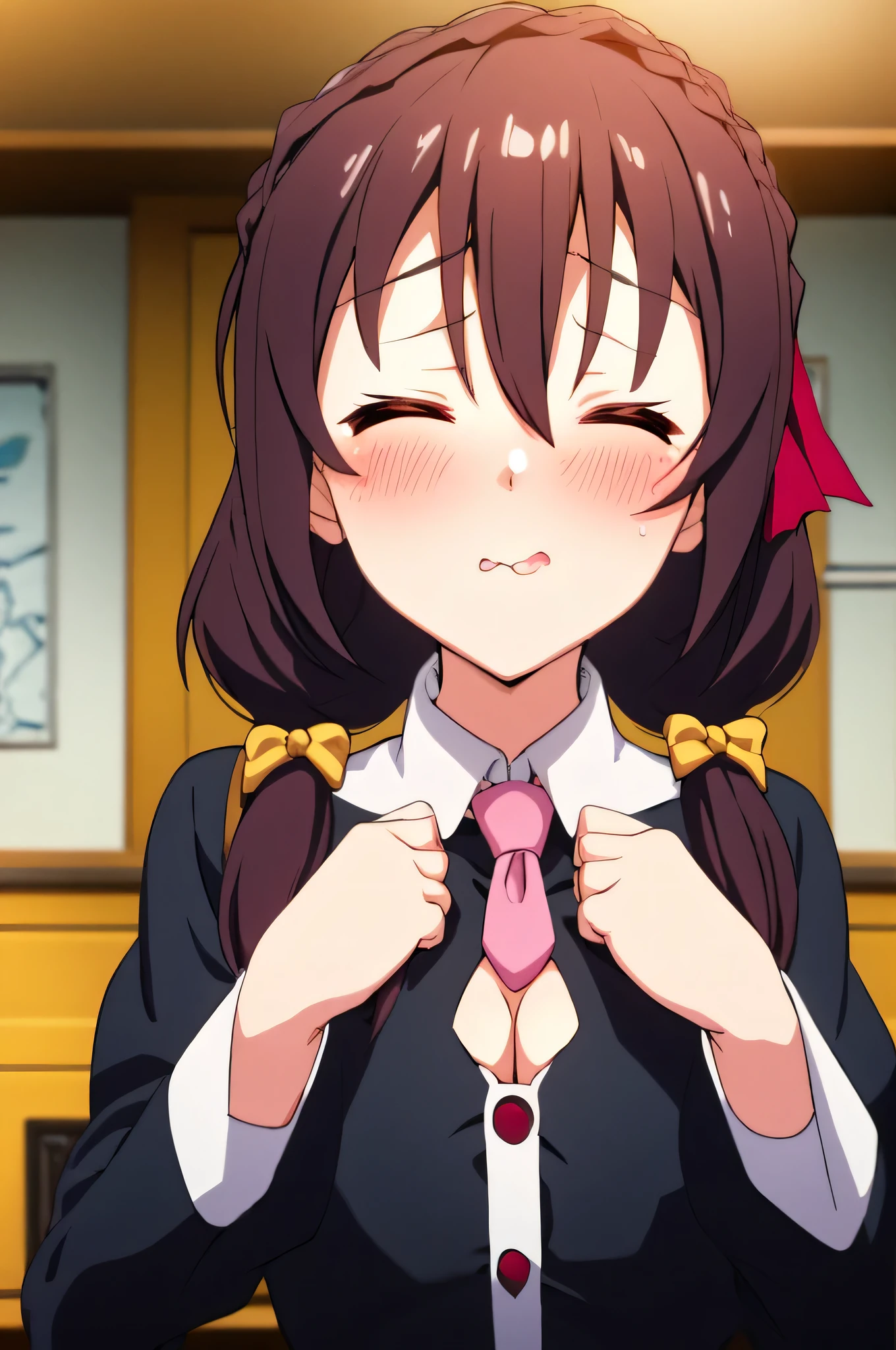 (masterpiece, Highest quality), One girl, Yunyun,Long Hair,Braiding,Twin tails,Hair between the eyes,Red hair ribbon,hair ornaments,large round breasts,、Pink Skirt、Black Hair、Crown Blade,Black Shirt, Long sleeve,Pink tie, belt, Cleavage cutout、Above the upper body、(blush:1.ung face、indoor、(Give the viewer a small kiss with your mouth closed)、((Close your eyes:1.5))