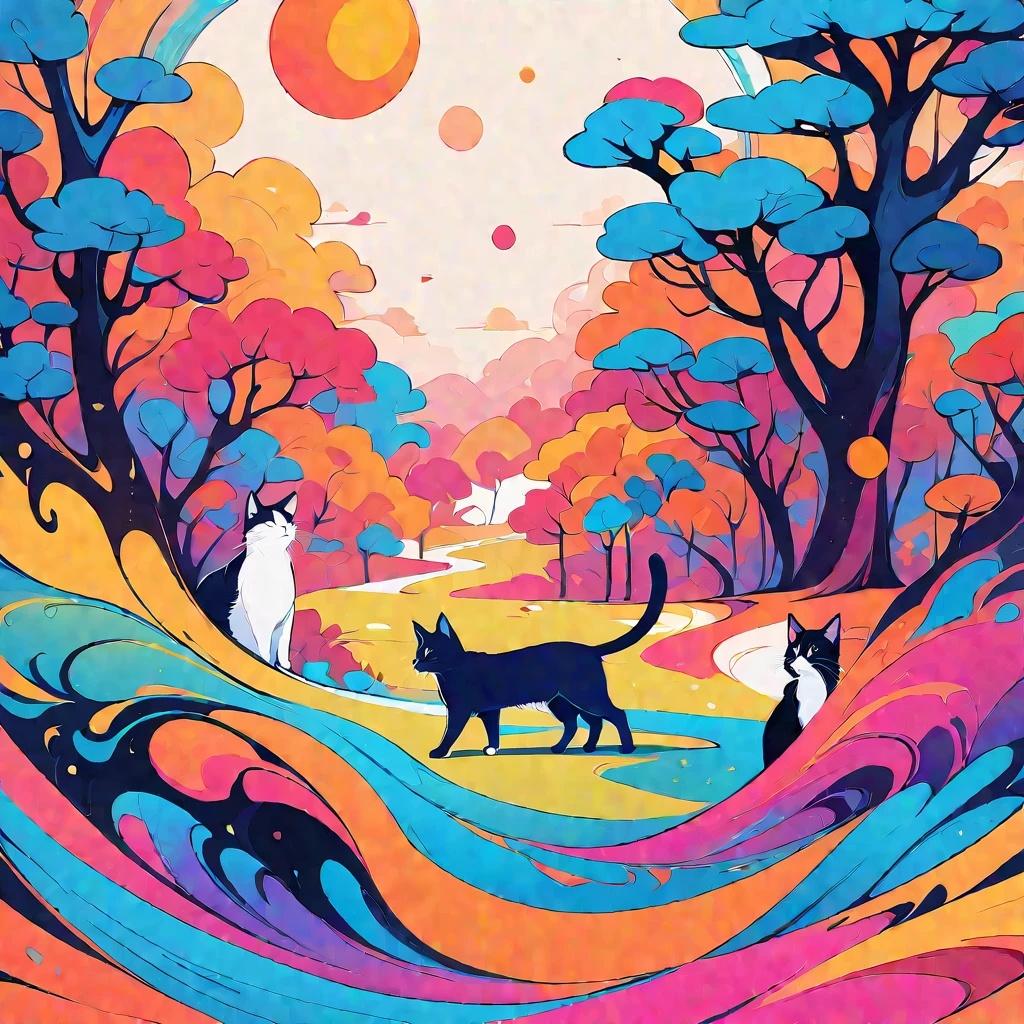 Super nice background，clean background，abstract painting，Vibrant colors，a cat，under the sun，trees