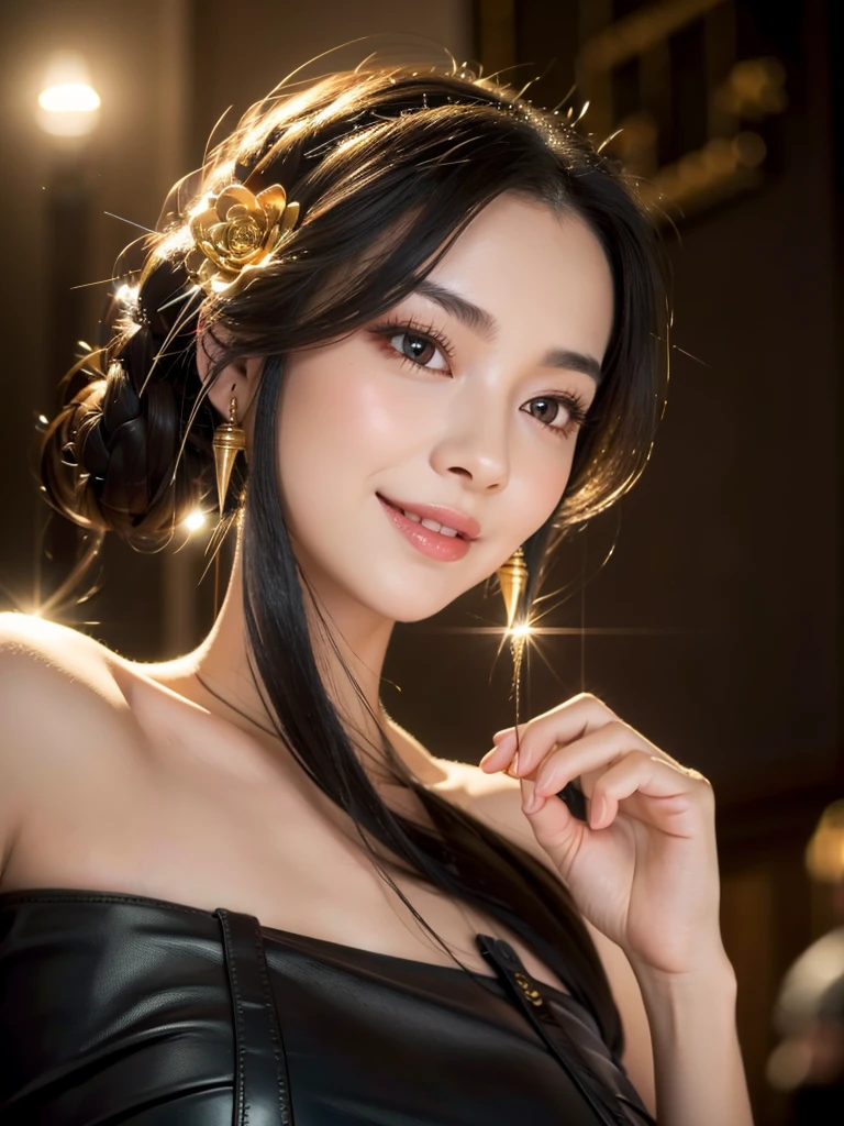 beautiful woman, narrow waist, perfect figure, beautiful eyes, long eyelashes, lustrous lips, perfect body, beautiful skin, (best quality,4K,8K,highres,masterpiece:1.2),ultra-detailed,(realistic,photorealistic,photo-realistic:1.37), cinematic scene, beautiful smile, fashion model, long chestnut hair, attractive clothing, beautiful ornaments、nice black dress、A kind smile、Engage your audience、Full moon night sky