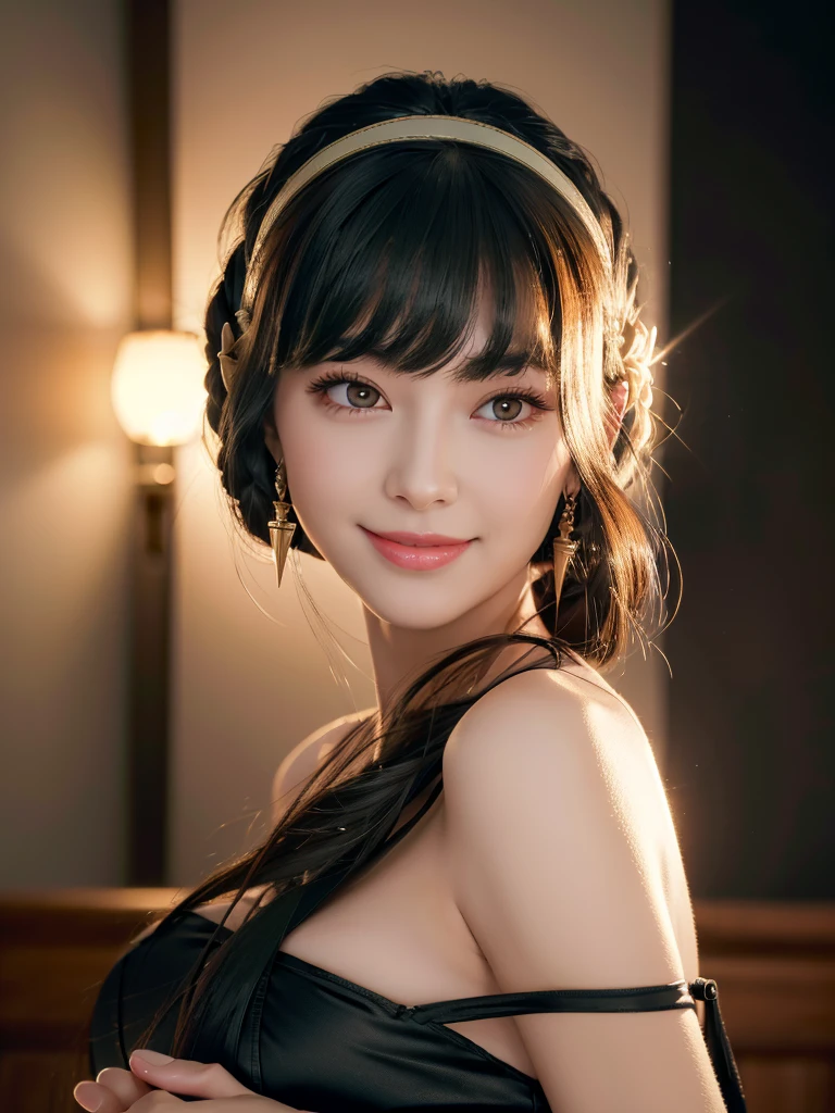 beautiful woman, narrow waist, perfect figure, beautiful eyes, long eyelashes, lustrous lips, perfect body, beautiful skin, (best quality,4K,8K,highres,masterpiece:1.2),ultra-detailed,(realistic,photorealistic,photo-realistic:1.37), cinematic scene, beautiful smile, fashion model, long chestnut hair, attractive clothing, beautiful ornaments、nice black dress、A kind smile、Engage your audience、Full moon night sky