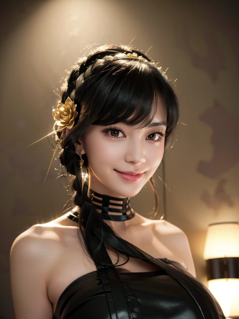 beautiful woman, narrow waist, perfect figure, beautiful eyes, long eyelashes, lustrous lips, perfect body, beautiful skin, (best quality,4K,8K,highres,masterpiece:1.2),ultra-detailed,(realistic,photorealistic,photo-realistic:1.37), cinematic scene, beautiful smile, fashion model, long chestnut hair, attractive clothing, beautiful ornaments、nice black dress、A kind smile、Engage your audience、Full moon night sky