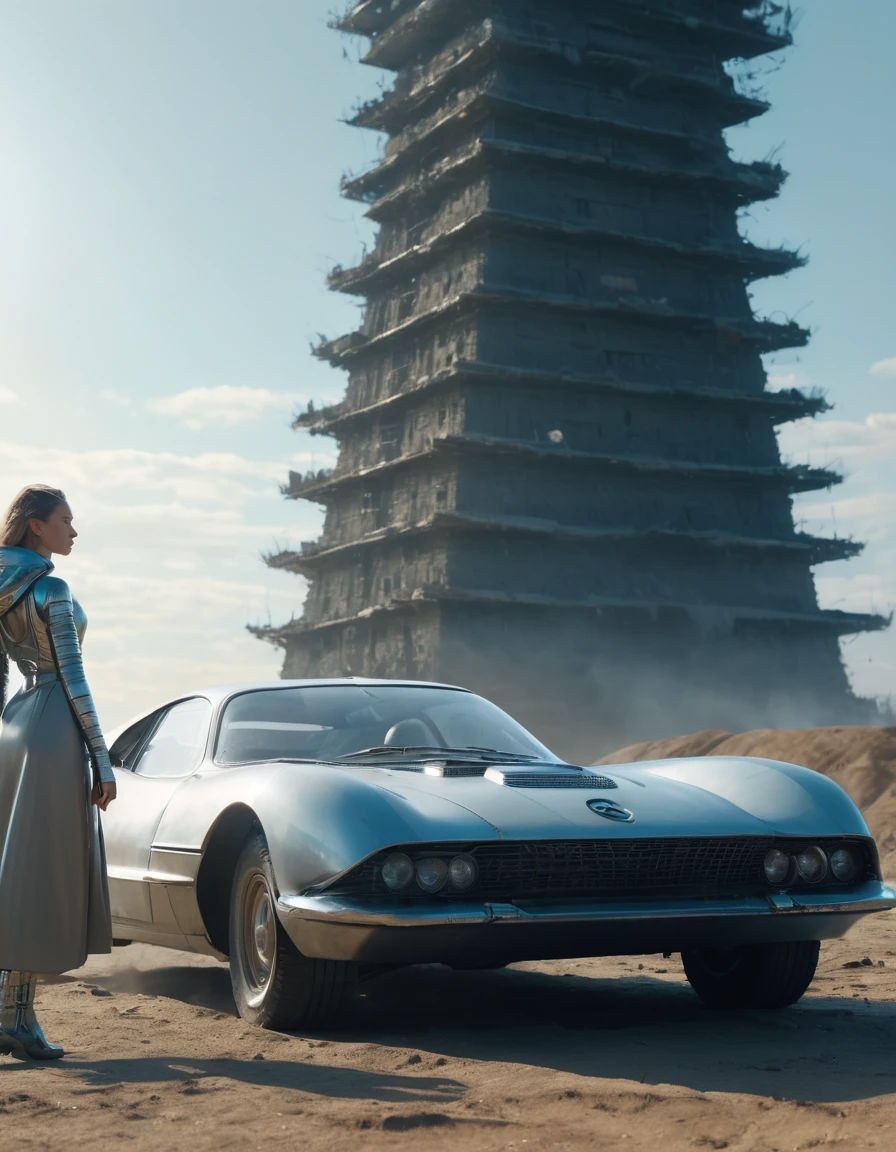 an old car in tarkovsky greatest scene, Destroy the majestic Tower of Babylon, Woman in futuristic cyber costume, Transparent down jacket, Surrealism, Blockchain, Internet, Ambient Lighting, Concept Art, complex, Ultra Detailed, tarkovsky greatest scene, Smooth, Dynamic volumetric lighting, octane, Ray Tracing, Movie, high quality, high resolution, 4K, CG Society