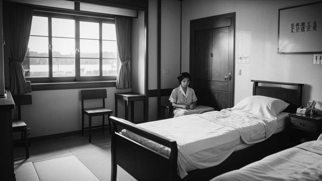 1930s, monochrome photography, Hospital room, suffering patient, Japanese soldiers watching over,  32K, Best quality, Masterpiece, super detail, High Details,