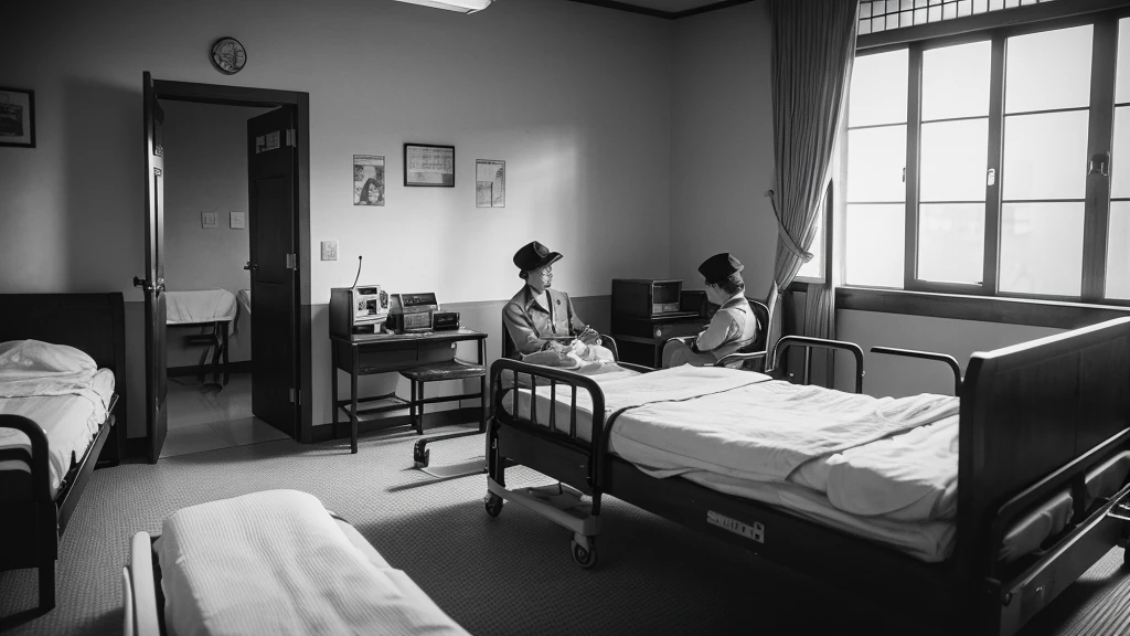 1930s, monochrome photography, Hospital room, suffering patient, Japanese soldiers watching over, 32K, Best quality, Masterpiece, super detail, High Details,