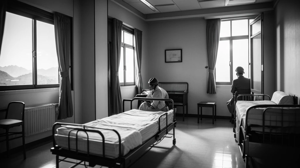 1930s, monochrome photography, Hospital room, suffering patient, Japanese soldiers watching over, 32K, Best quality, Masterpiece, super detail, High Details,
