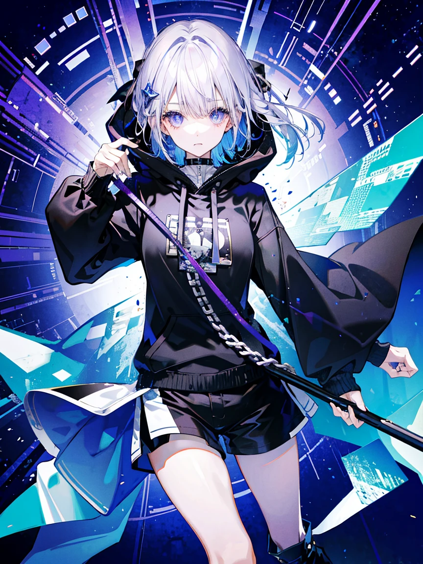 (Fine and beautiful eyes)、long hair,Long, blue-gray hair,Two moleole under the eye,Beautiful purple eyes,Detailed eyes,Detailed face,Large breasts,Black Hoodie、A hoodie that covers your chest、Thin legs,Long black boots、High resolution eyes、Jewel-like eyes、Straight Hair、Minimally revealing clothing、Short, oversized black shorts、Shorts that cover the knees,Extreme Detail、High resolution、Shining Eyes