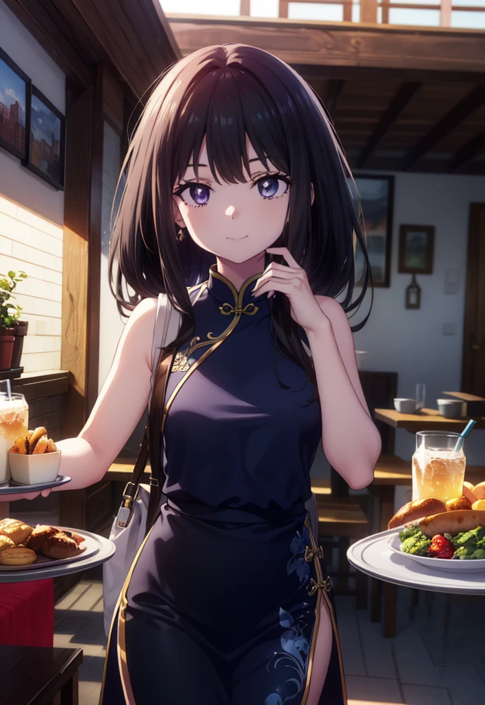 Takiuchi, Check it out, Long Hair, bangs, Black Hair, (Purple eyes:1.2),happy smile, smile, Close your mouth,
Sleeveless blue Chinese dress,Blue long slit,Black pantyhose,Stiletto heels,Tables and chairs, food, drink, tray, tray in one hand,whole bodyがイラストに入るように,Walking,
break indoors,Chinese style coffee shop,
break looking at viewer, whole body,
break (masterpiece:1.2), Highest quality, High resolution, unity 8k wallpaper, (shape:0.8), (Fine and beautiful eyes:1.6), Highly detailed face, Perfect lighting, Highly detailed CG, (Perfect hands, Perfect Anatomy),
break outdoors, city,
break looking at viewer, (Cowboy Shot:1.5),
break (masterpiece:1.2), Highest quality, High resolution, unity 8k wallpaper, (figure:0.8), (Beautiful attention to detail:1.6), Highly detailed face, Perfect lighting, Highly detailed CG, (Perfect hands, Perfect Anatomy),