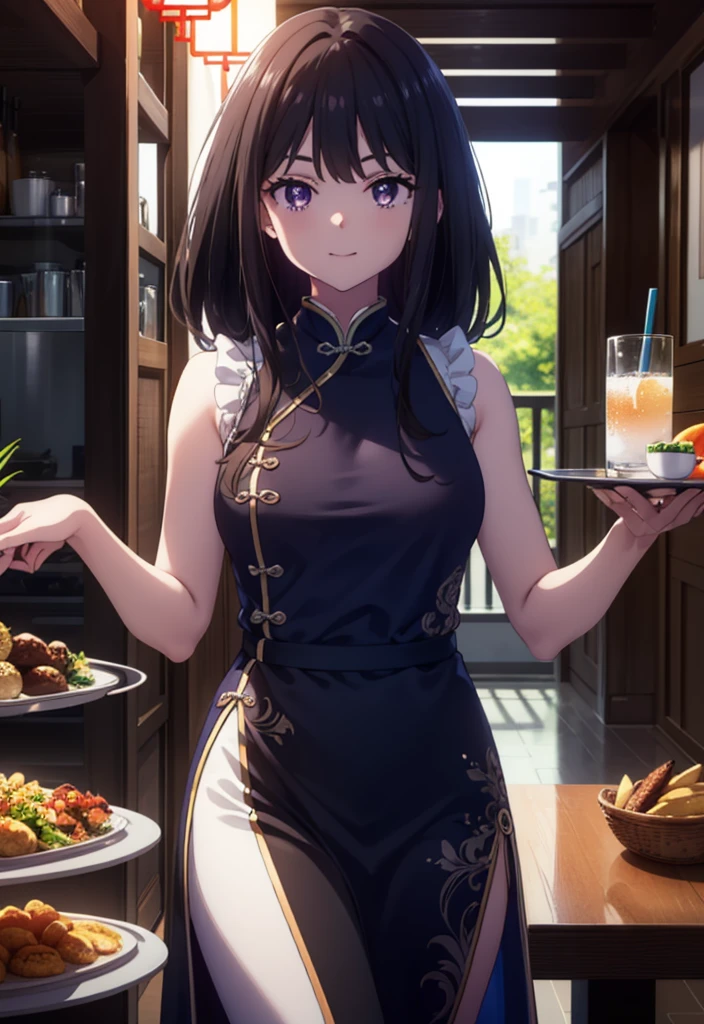 Takiuchi, Check it out, Long Hair, bangs, Black Hair, (Purple eyes:1.2),happy smile, smile, Close your mouth,
Sleeveless blue Chinese dress,Blue long slit,Black pantyhose,Stiletto heels,Tables and chairs, food, drink, tray, tray in one hand,whole bodyがイラストに入るように,Walking,
break indoors,Chinese style coffee shop,
break looking at viewer, whole body,
break (masterpiece:1.2), Highest quality, High resolution, unity 8k wallpaper, (shape:0.8), (Fine and beautiful eyes:1.6), Highly detailed face, Perfect lighting, Highly detailed CG, (Perfect hands, Perfect Anatomy),
break outdoors, city,
break looking at viewer, (Cowboy Shot:1.5),
break (masterpiece:1.2), Highest quality, High resolution, unity 8k wallpaper, (figure:0.8), (Beautiful attention to detail:1.6), Highly detailed face, Perfect lighting, Highly detailed CG, (Perfect hands, Perfect Anatomy),