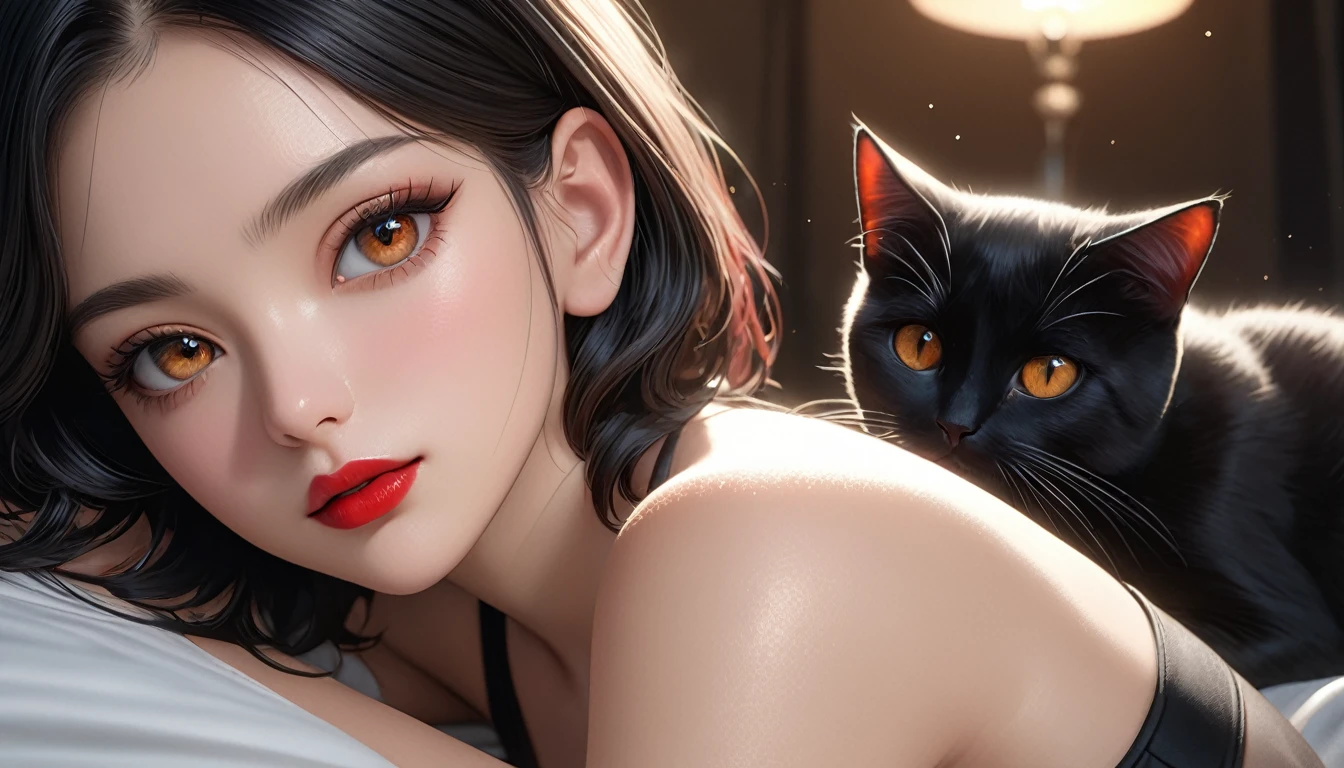 black cat ears, short black hair, red lips, wearing a black crop top and black shorts, sitting on a bed against a white background, hyper detailed, cinematic lighting, 8K, photorealistic, (best quality,4k,8k,highres,masterpiece:1.2),ultra-detailed,(realistic,photorealistic,photo-realistic:1.37),HDR,UHD,studio lighting,ultra-fine painting,sharp focus,physically-based rendering,extreme detail description,professional,vivid colors,bokeh,realistic skin textures,beautiful detailed eyes,beautiful detailed lips,extremely detailed eyes and face,long eyelashes, no ears, hairs cover ears.