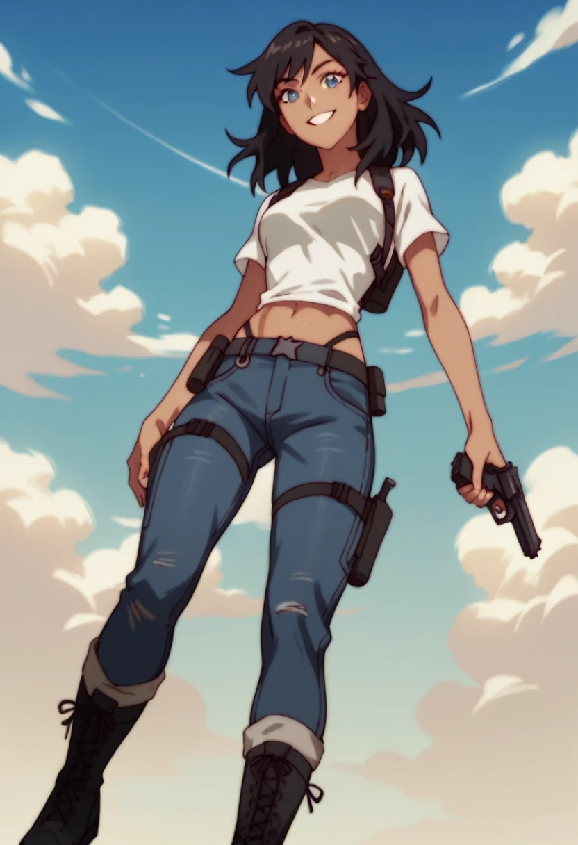 Woman, 1 girl, sky blue eyes, long black hair, slightly tanned, slender figure, blue jeans, white shirt, black ranger combat boots, handgun holster, smiling