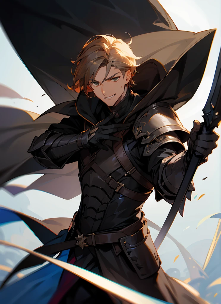 1 , handsome fashion hair,bronze hair highlightwhite, fanstasy, smile face, male ,fantasy, reaper, hunter with blackshortsword, villian face, black armor , darkness wolrd, bad